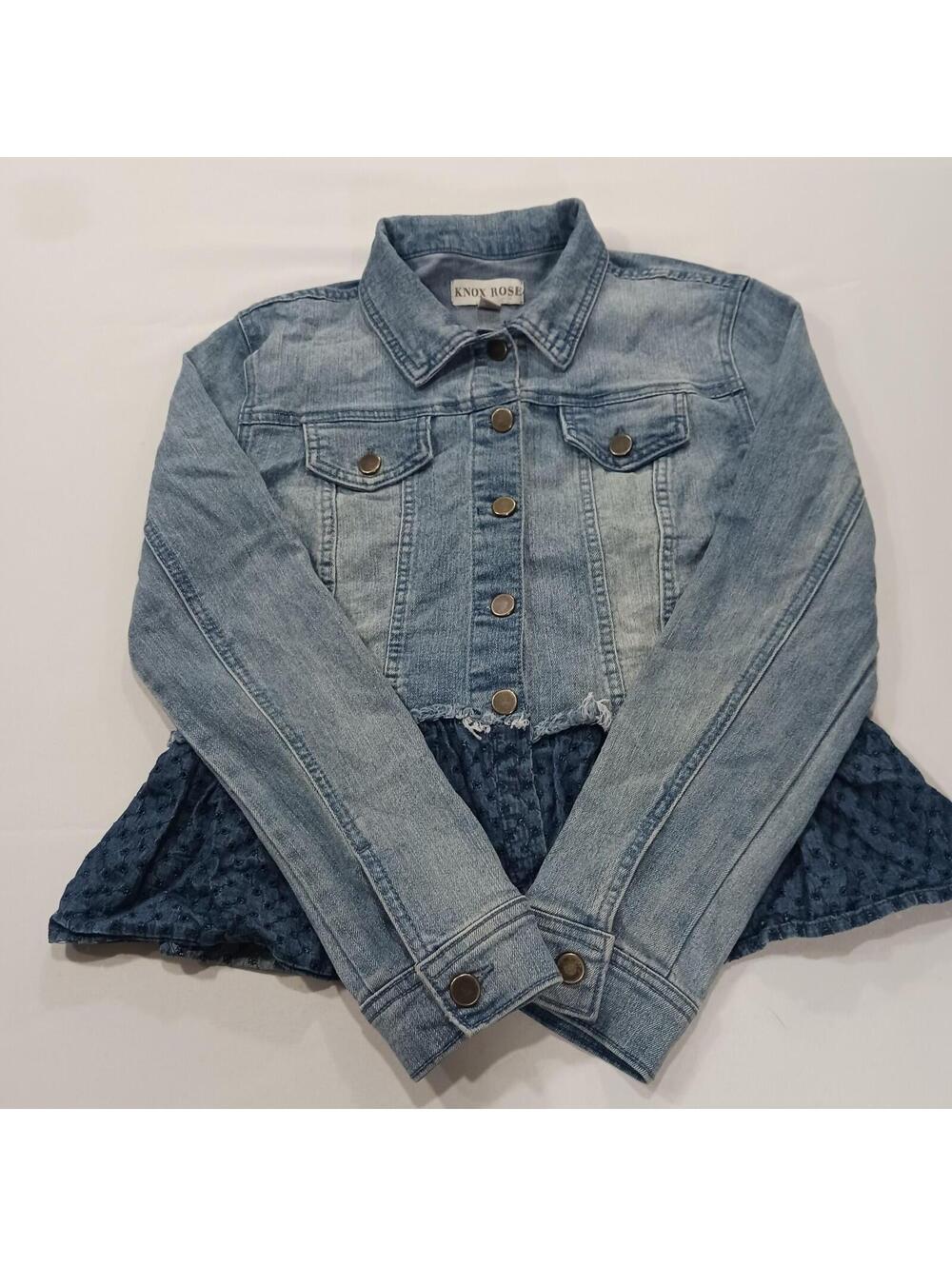 Knox Rose RN#17730 Women’s Blue Full Button Denim Jacket Pleated Buttom Size XS